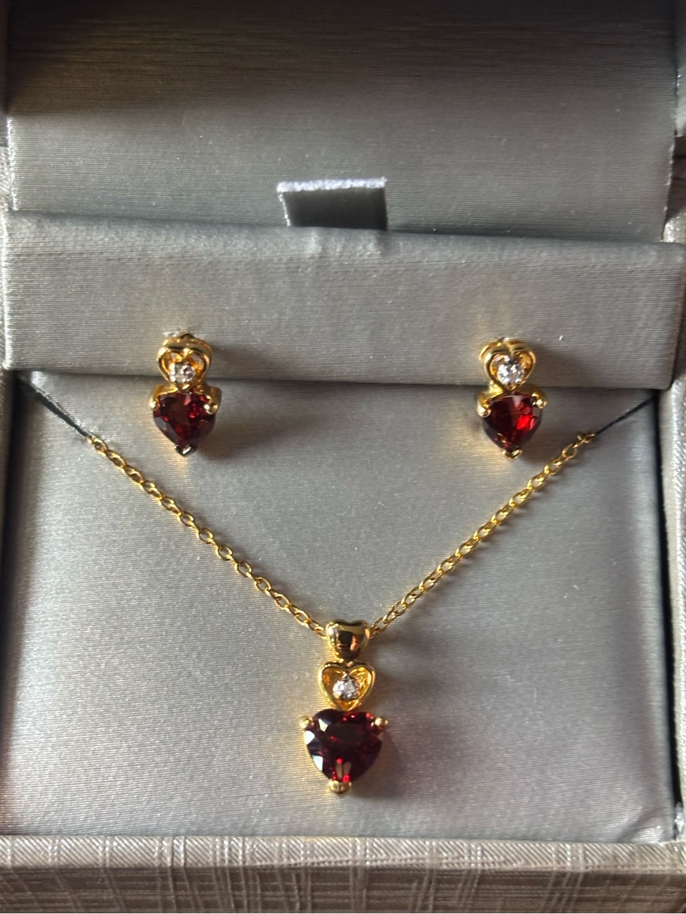 925 Sterling Silver 18KGP Necklace & Earrings With Deep Red Heart Shaped Rubies